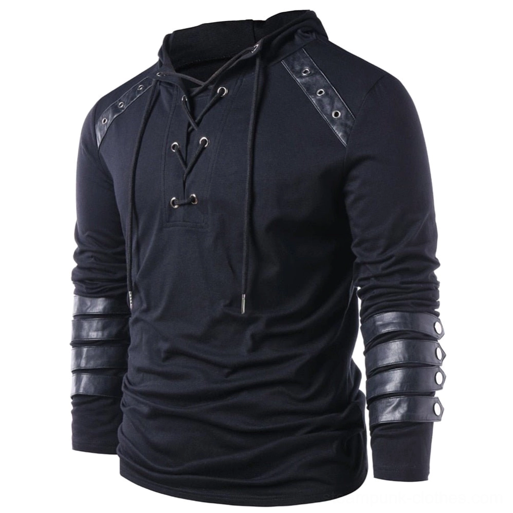 Black steampunk lace-up hoodie three-quarter view displaying leather arm buckles, shoulder accents, and front closure detail