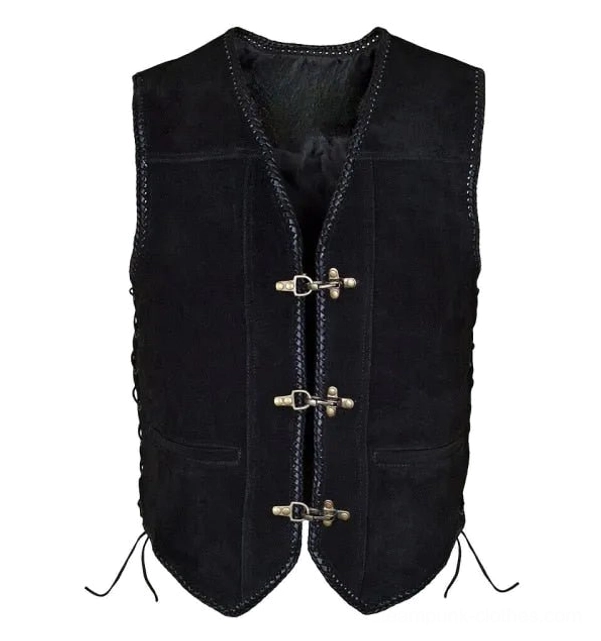 Black suede steampunk leather vest with antique bronze fasteners and side eyelet lace-ups, front view