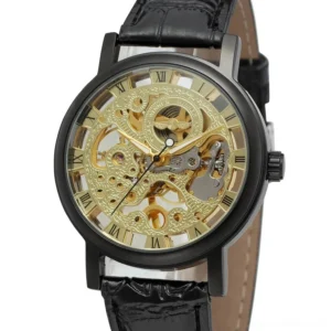 Front view of black steampunk skeleton watch featuring polished metal case, crocodile-texture leather strap, and visible mechanical gears through transparent dial