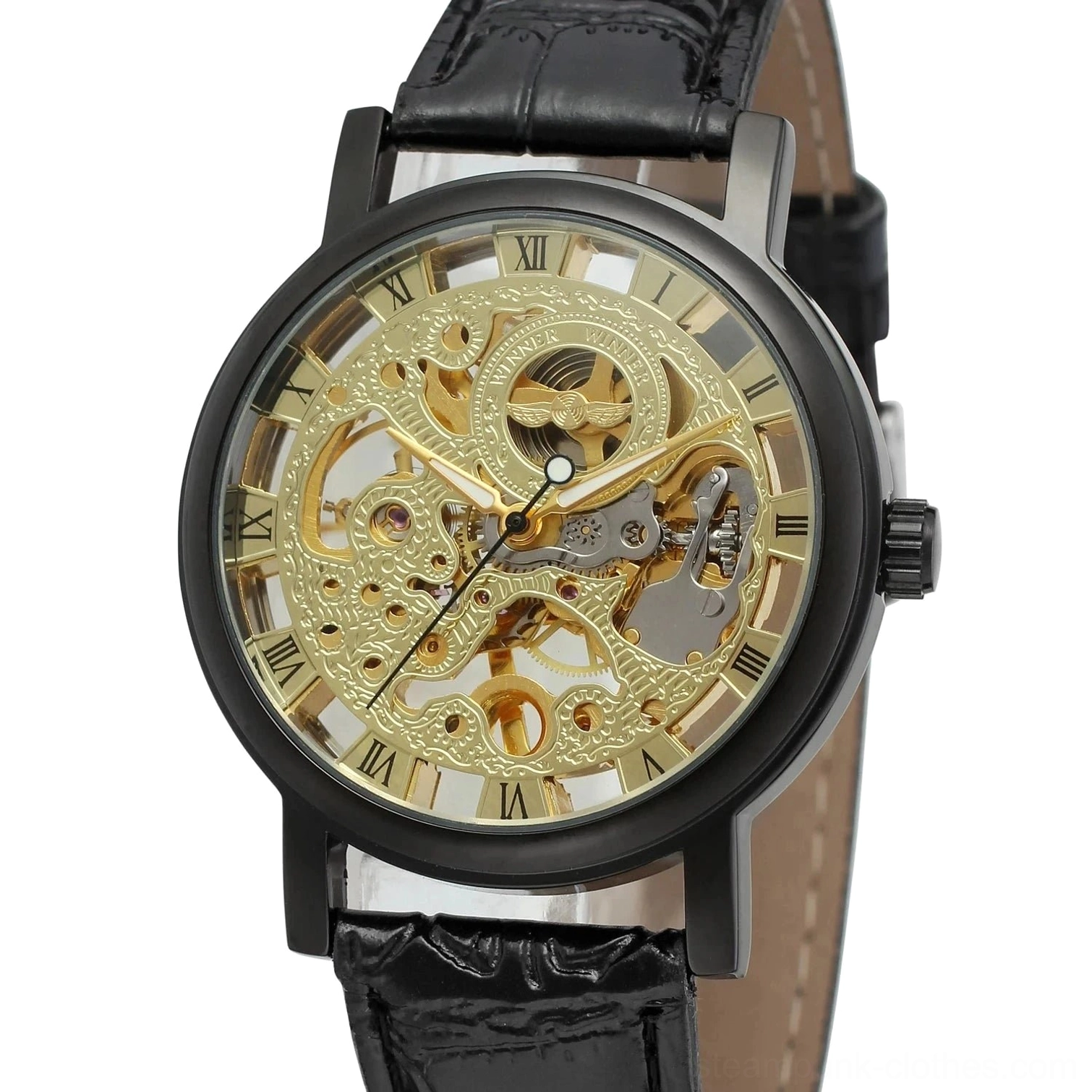 Front view of black steampunk skeleton watch featuring polished metal case, crocodile-texture leather strap, and visible mechanical gears through transparent dial