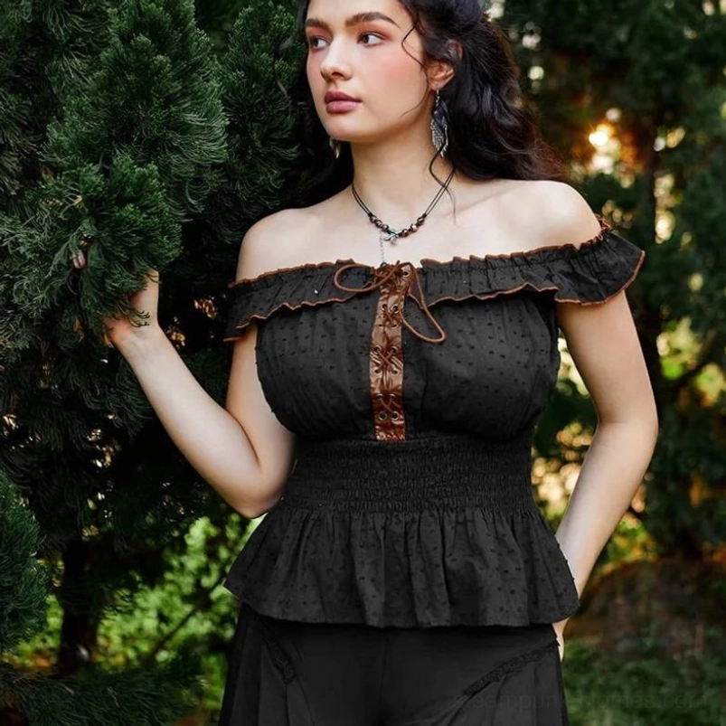 Black steampunk off-shoulder top with brown lace-up front, ruffled collar, and smocked peplum hem - gothic Victorian aesthetic