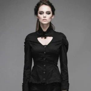 Black steampunk open neck shirt with decorative brooch, front view on female model, featuring ruffled hem and long fitted sleeves
