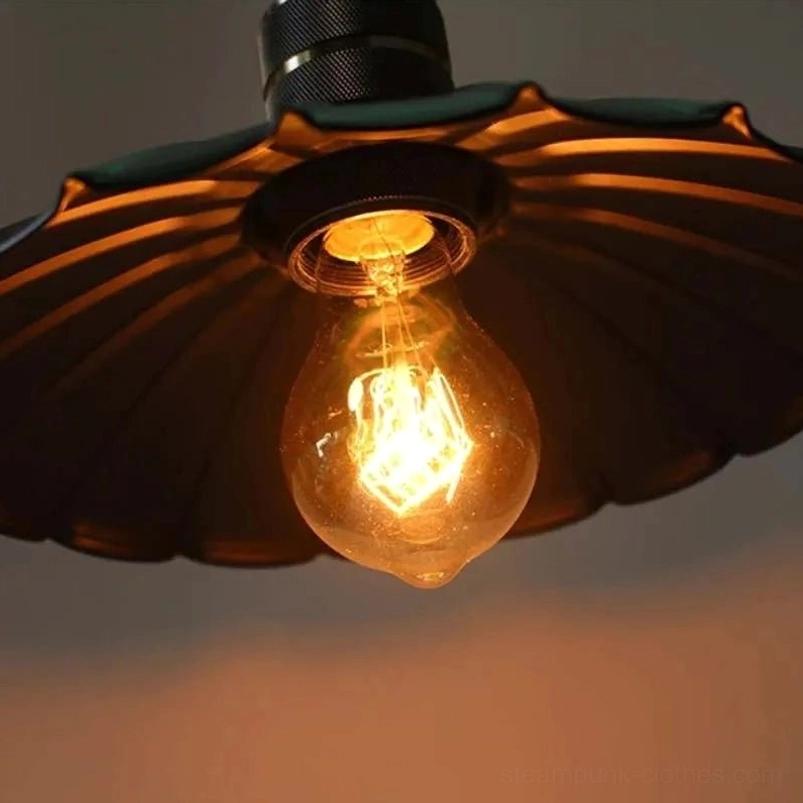 Black steampunk industrial pendant lamp with fluted metal shade and warm Edison bulb, low-angle bottom view showcasing ribbed design and bronze lamp socket
