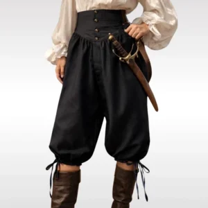 Black steampunk pirate breeches worn by model in renaissance costume with boots, front three-quarter view showing high waist drawstring ankle closures and decorative button placket