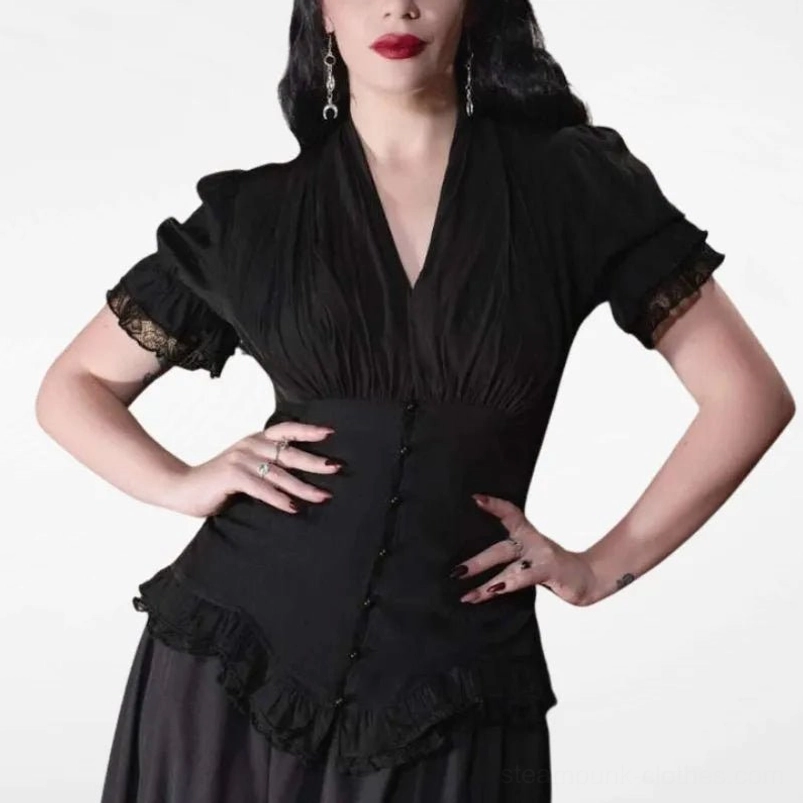 Black retro steampunk puff sleeve corset blouse with V-neck, lace-trimmed cuffs, buttoned front and ruffled hem, female model front view