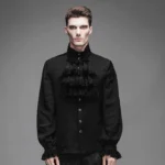 Black steampunk renaissance shirt for men with elaborate lace jabot collar and ruffled cuffs, front view on male model