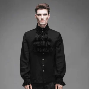 Black steampunk renaissance shirt for men with elaborate lace jabot collar and ruffled cuffs, front view on male model