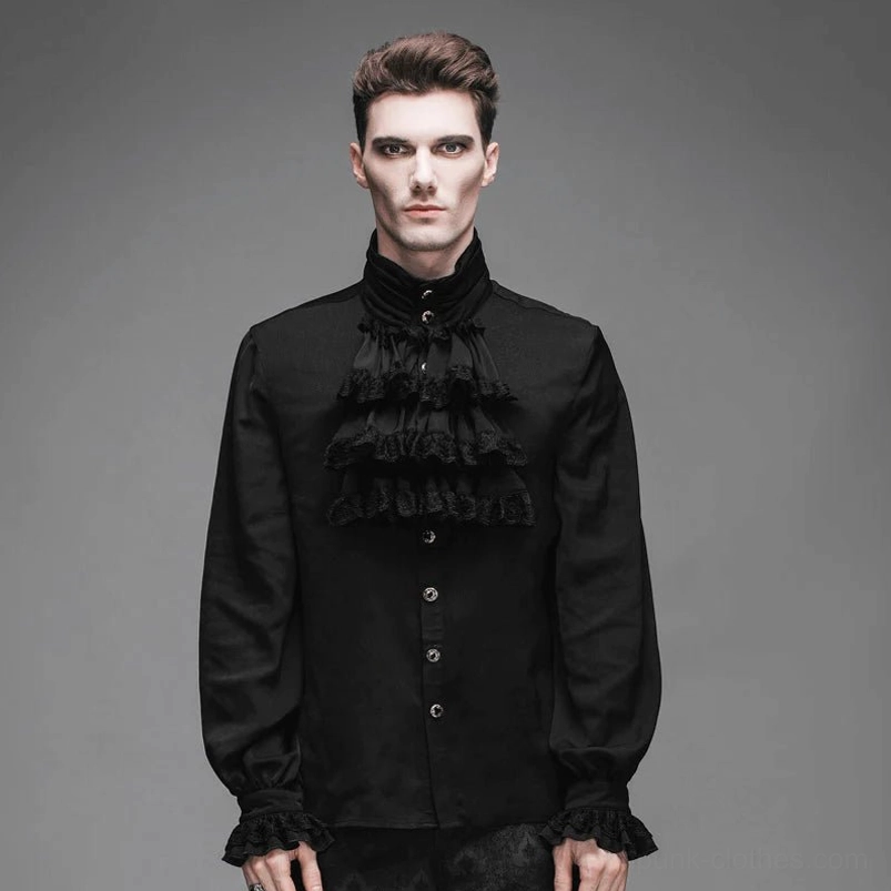 Black steampunk renaissance shirt for men with elaborate lace jabot collar and ruffled cuffs, front view on male model