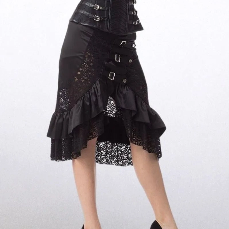 Black steampunk gothic ruffled lace skirt with multiple front buckles, asymmetric hem design, side three-quarter view