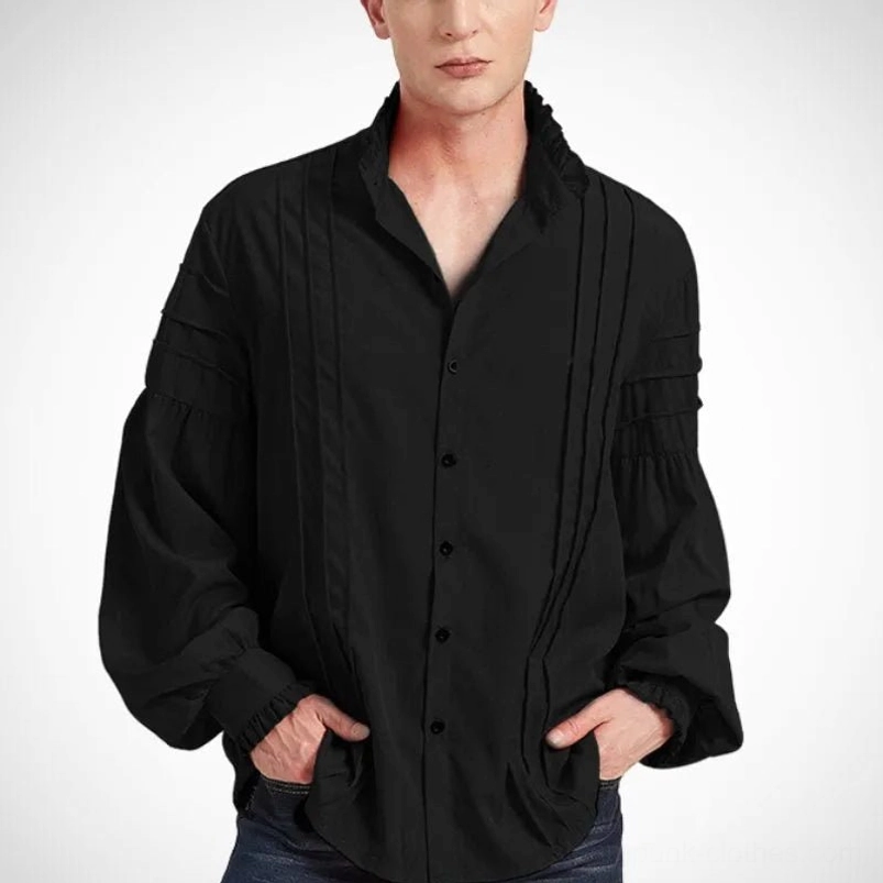 Black steampunk ruffled shirt front three-quarter view on male model highlighting dramatic bishop sleeves, ruffled collar, and button front placket