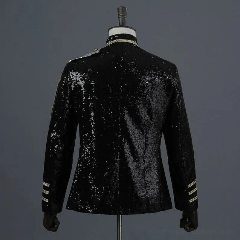 Black steampunk sequin jacket rear view showing full sequined back and tailored cut