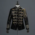 Black steampunk military sequin jacket front view with gold hardware and brass buttons