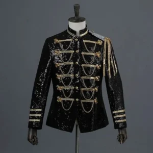Black steampunk military sequin jacket front view with gold hardware and brass buttons