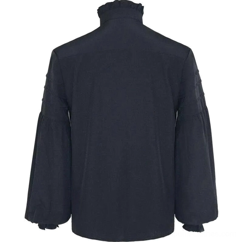 Black Victorian steampunk shirt back flat lay view showing ruffled stand collar back, extensive pintuck sleeve and body details, and ruffled cuffs
