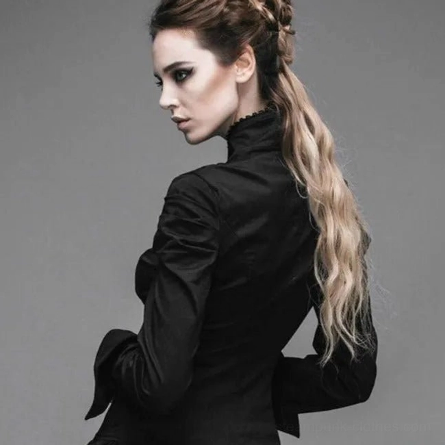 Black steampunk high collar shirt rear view, displaying fitted back design and gathered sleeve details