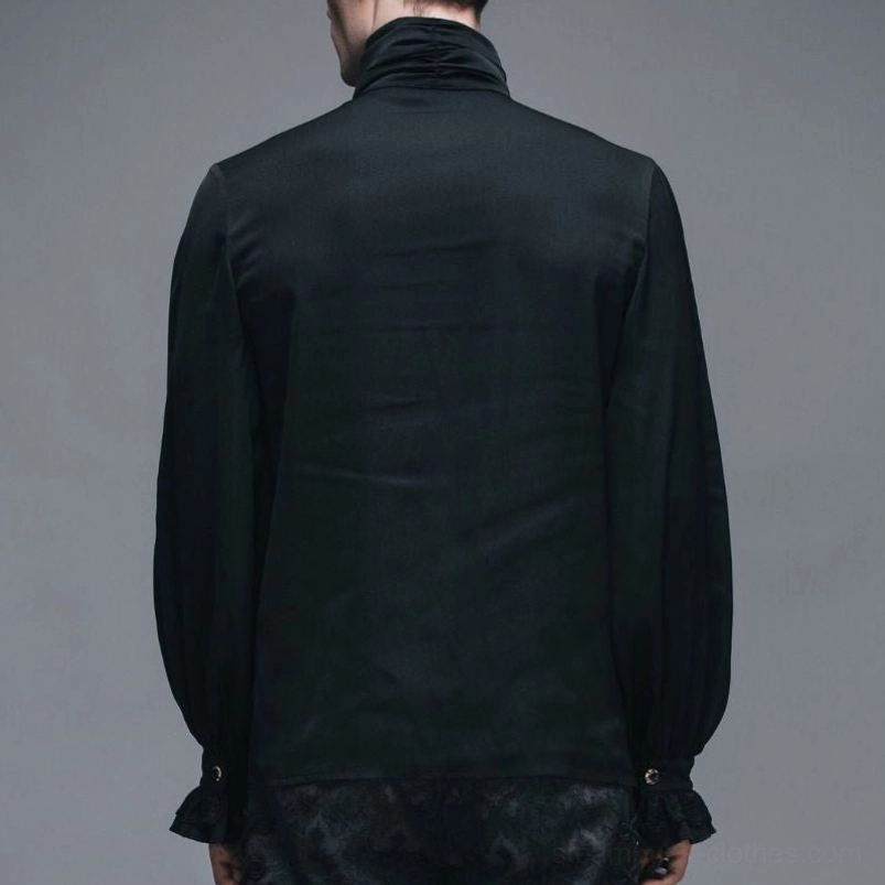 Black steampunk renaissance shirt rear view displaying solid back panel and stand collar from behind