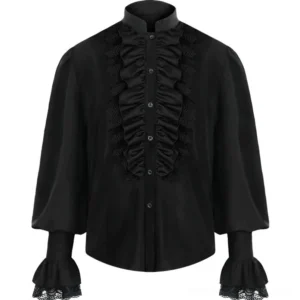 Black steampunk blouse flat lay display showing buttoned placket, high stand collar, and lantern sleeve construction with lace trimming details
