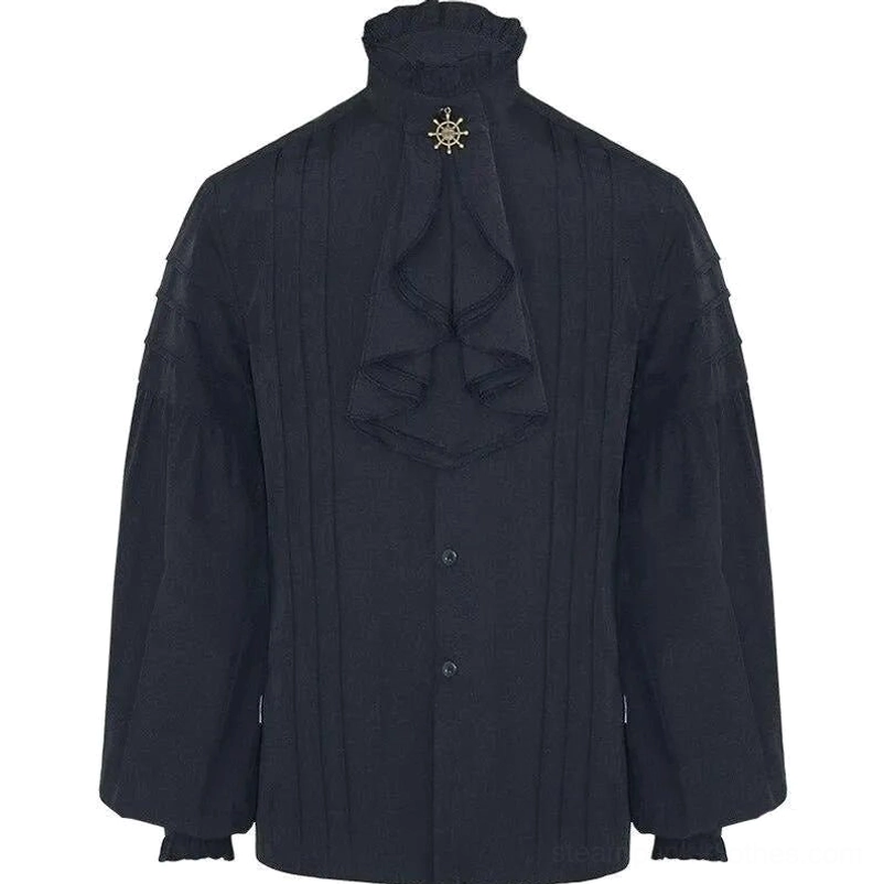 Black steampunk dress shirt front flat lay view with solid black fabric, ruffled stand collar, decorative metal brooch, and full body pintuck detailing