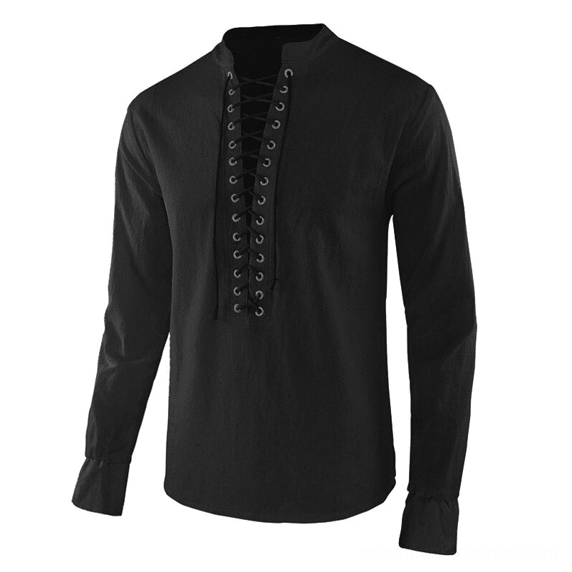 Men's Black Lace-Up Steampunk Shirt - Medieval Gothic Blouse Front Detail with Metal Grommets