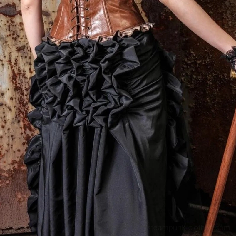 Black steampunk ruffled high-low skirt with gathered front and satin finish fabric close-up detail view