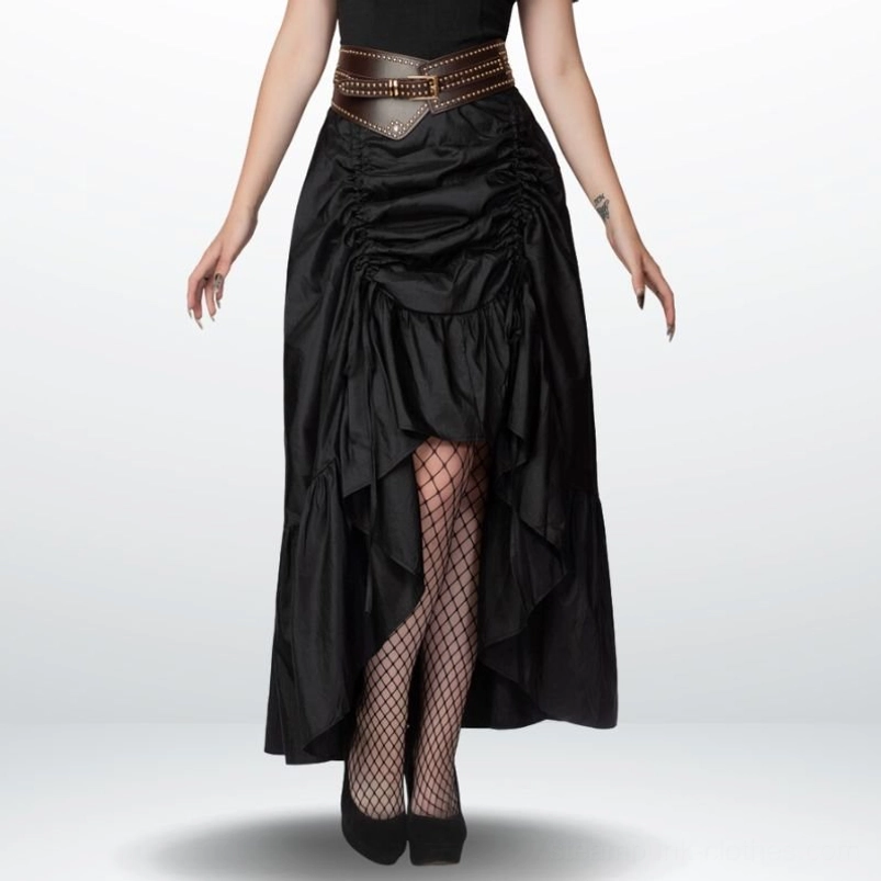 Black steampunk skirt with waist belt worn with fishnet stockings and heels, front three-quarter studio view
