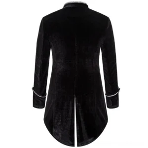 Black steampunk tailcoat back view showing split curved tail hem and stand collar design