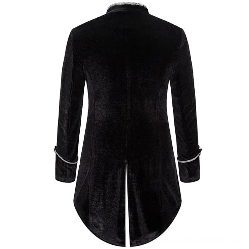 Black steampunk tailcoat back view showing split curved tail hem and stand collar design