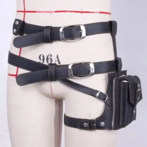 Black steampunk leather thigh waist bag with adjustable dual straps, metal snap and buckle closures, zippered utility pouch, and silver hardware detail