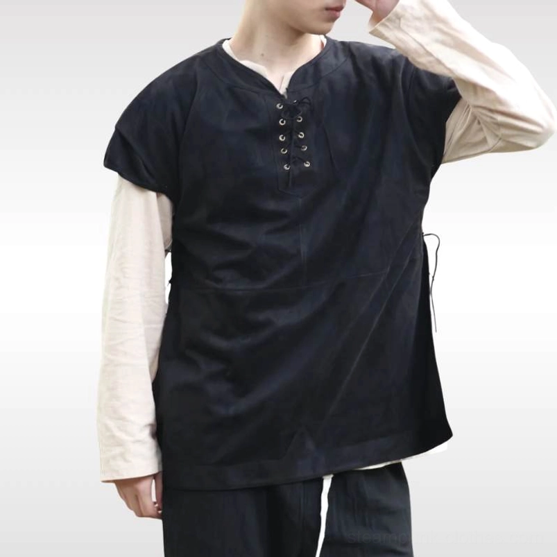 Black matte faux suede steampunk tunic vest with metal eyelet closure and side lace details, front three-quarter view with beige undershirt