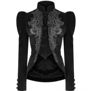 Full front view of black velvet steampunk jacket displaying architectural puffed shoulders, decorative fabric button closure, ornate grey embroidery design, and structured stand-up collar on mannequin