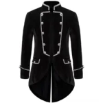 Black steampunk velvet tailcoat front view with silver braided trim and star-shaped metal buttons