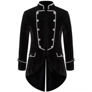 Black steampunk velvet tailcoat front view with silver braided trim and star-shaped metal buttons