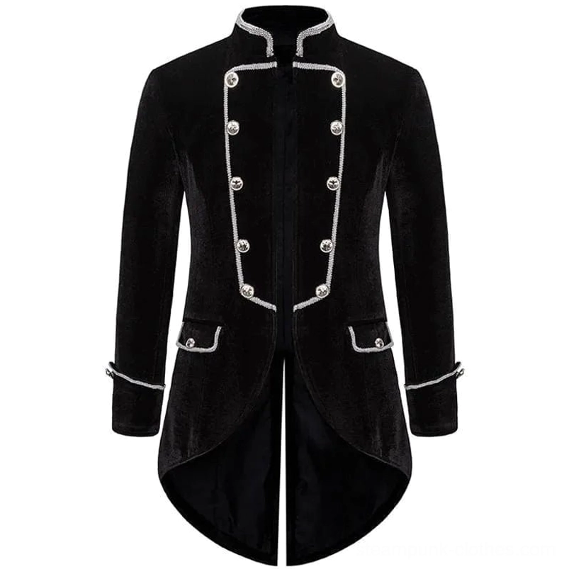 Black steampunk velvet tailcoat front view with silver braided trim and star-shaped metal buttons