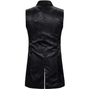 Black steampunk waistcoat rear view showing split tail hem and tailored back fit on jacquard weave