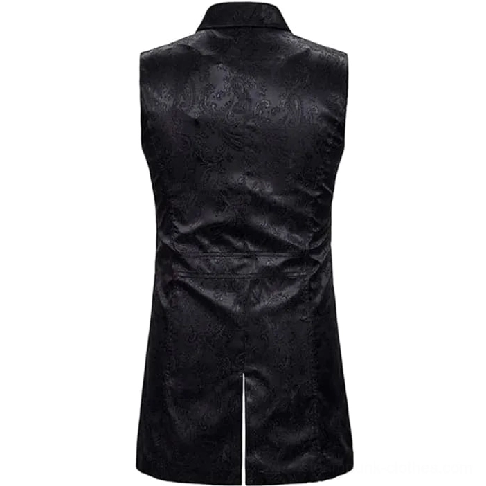 Black steampunk waistcoat rear view showing split tail hem and tailored back fit on jacquard weave
