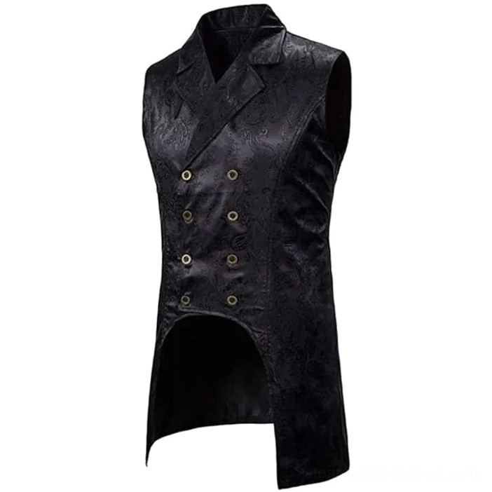 Black steampunk vest angled front view displaying sleeveless tailcoat design and bronze metal button details