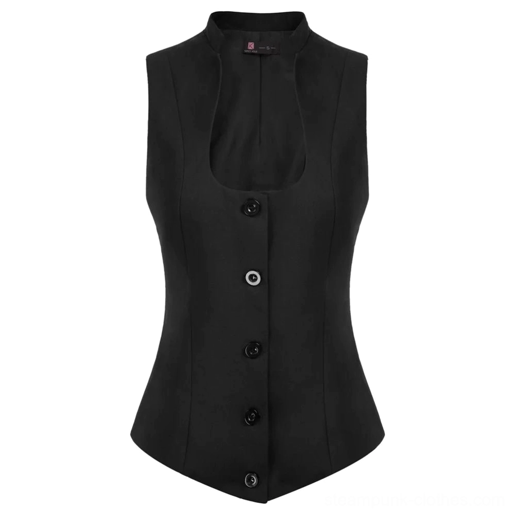 Flat lay front view of black steampunk waistcoat with button front placket and U-shaped neckline