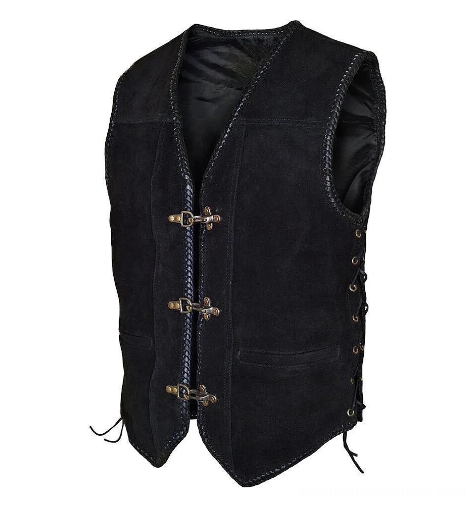 Black suede steampunk vest left three-quarter angle showing side eyelet lacing, bronze toggle buttons, and stitched collar trim details