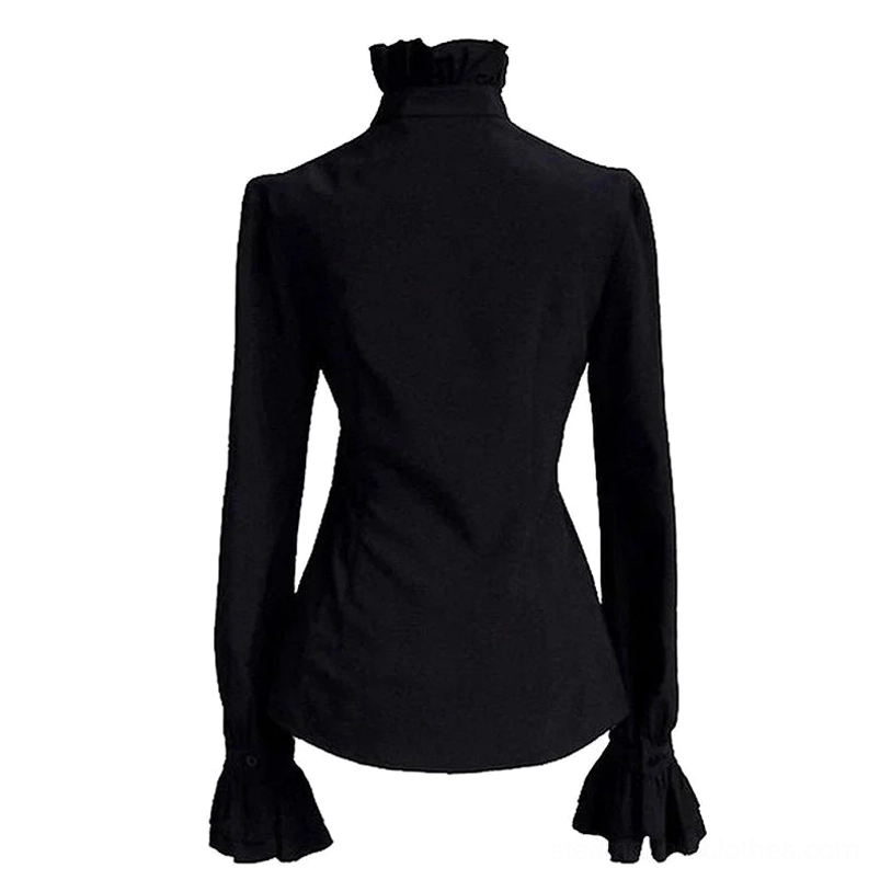black steampunk ruffle blouse back view showing slim tailored fit and ruffled collar cuffs details