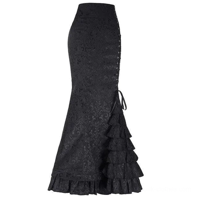 Black textured steampunk fishtail maxi skirt three-quarter front view highlighting side lace-up and ruffled floor-length hem