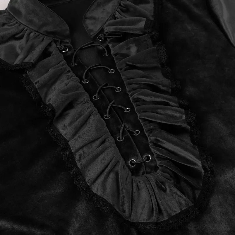 Close-up detail of black velvet blouse collar showing black lace trim and metal eyelet lace fasteners