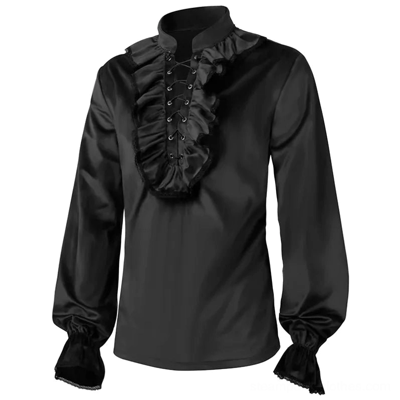 Black steampunk men's blouse with lace-up front ruffle and lace-trimmed bishop sleeves, three-quarter view