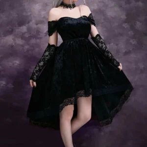 Black velvet off-shoulder high-low steampunk dress with lace sleeves, front view on model