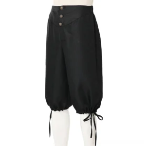 Black high-waisted medieval breeches on dress form, front flat view featuring decorative brass buttons and drawstring cuffs detailed construction