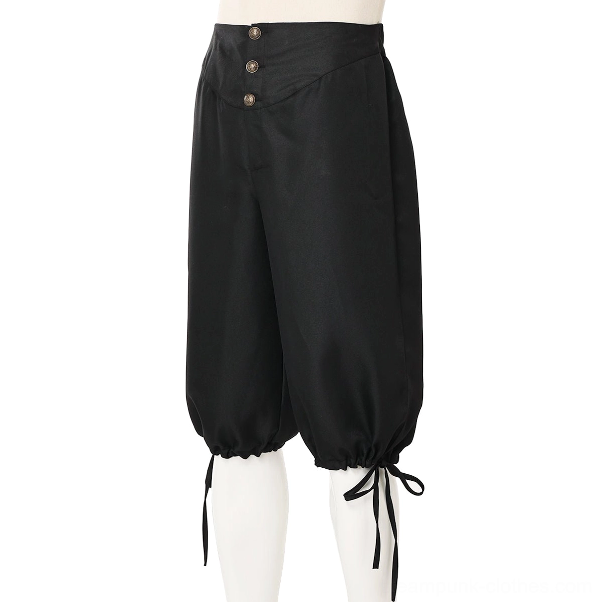 Black high-waisted medieval breeches on dress form, front flat view featuring decorative brass buttons and drawstring cuffs detailed construction