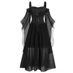 Black Victorian gothic steampunk dress front view featuring cold-shoulder design, lace-up corset closure with metal eyelets, sheer flutter sleeves, and high-low layered chiffon skirt