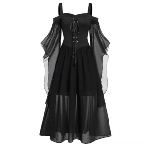 Black Victorian gothic steampunk dress front view featuring cold-shoulder design, lace-up corset closure with metal eyelets, sheer flutter sleeves, and high-low layered chiffon skirt