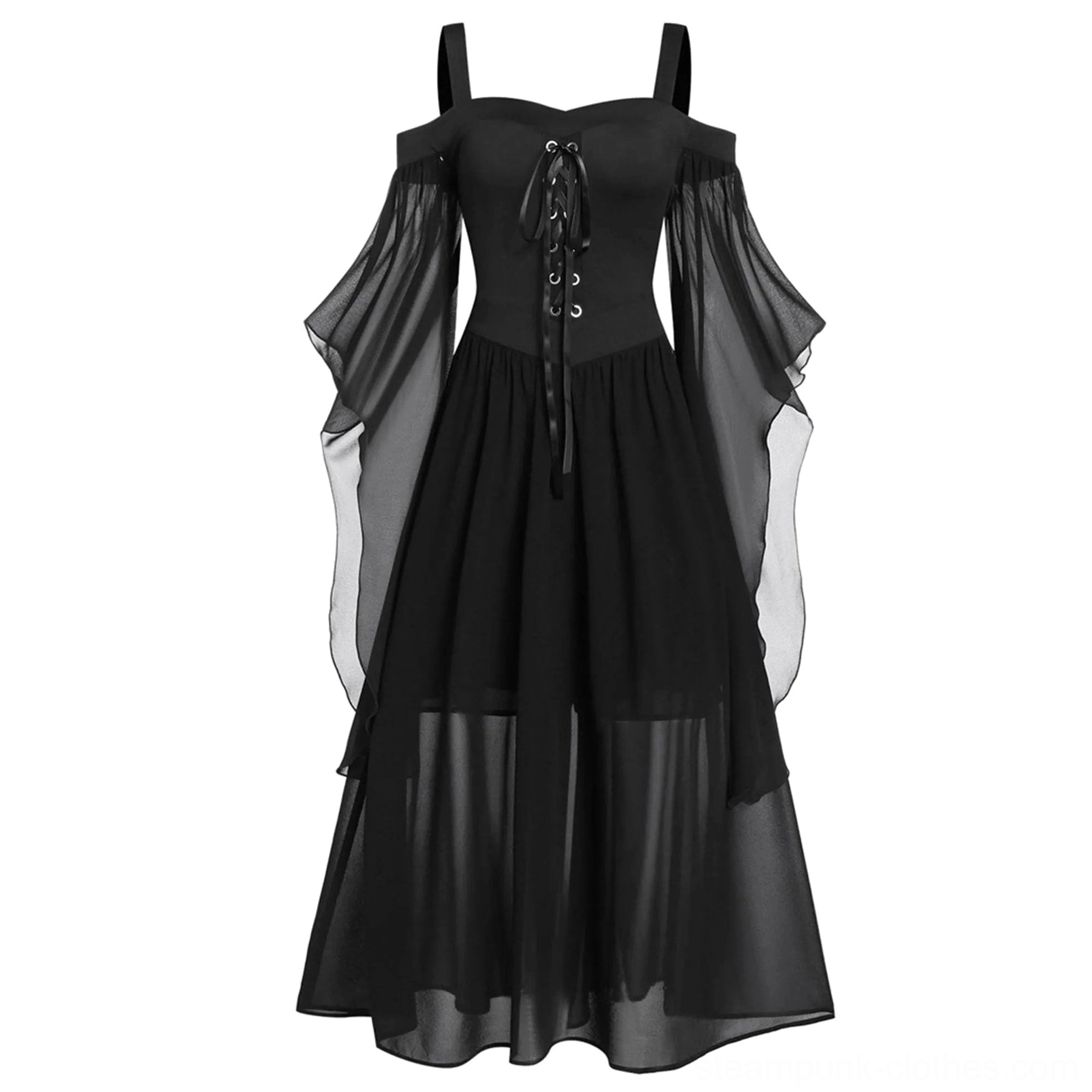 Black Victorian gothic steampunk dress front view featuring cold-shoulder design, lace-up corset closure with metal eyelets, sheer flutter sleeves, and high-low layered chiffon skirt