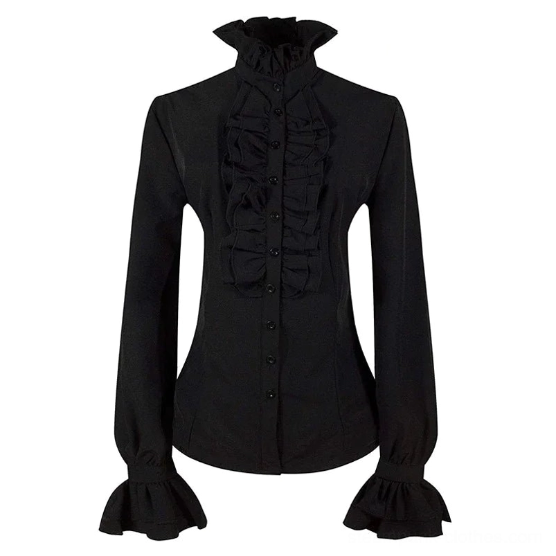black steampunk ruffle stand collar blouse button-front flat lay display white background