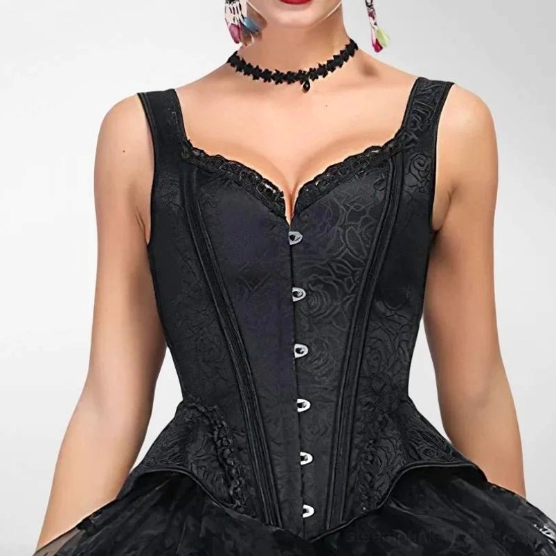 Black Victorian steampunk corset front view with metal busk closure and floral jacquard pattern on female model